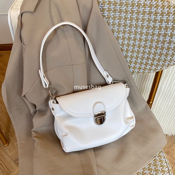 

New women bag with niche French design, underarm bag with double shoulder straps retro large lock buckle soft leather single shoulder crossbody bag, White