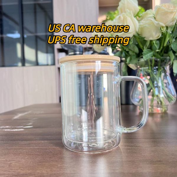 Reusable pre-drilled hole clear 15oz snow globe sublimation high borosilicate double walled glass coffee Milk beer mug with bamboo lid and handle For DIY printing