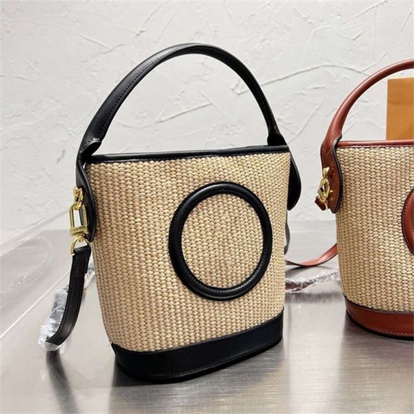 

designer bag Designer Bag Fashion Crochet straw Beach Bucket Luxury Travel Handbag Straw Bags Real Leather Shopping Purse Wallet Totes Shoulder Handbags Top Qua, Brown 24x30cm