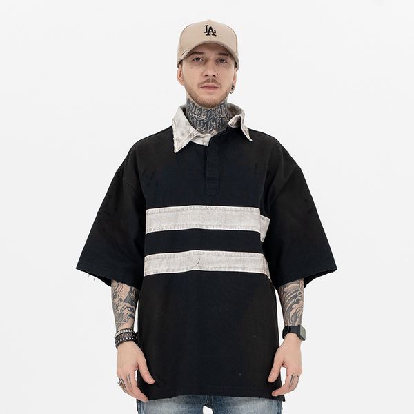 

woman designer tshirts t shirt polo shirt sweatshirt short sleeve Splicing Worn polo dirty dyed lapel silhouette double layered short sleeved t shirt loose fitting, Black