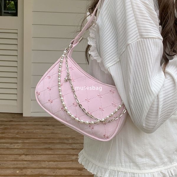 

High quality premium pink butterfly club bag for women's new pearl metal chain diamond grid underarm bag casual one shoulder crossbody bag, Black
