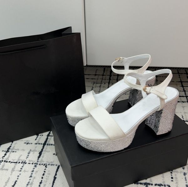 

Designer women high heels sandals rhinestones open toe all match Simplicity classic diamond Black white sexy Ladies holiday party thick heels sandals, White 9cm