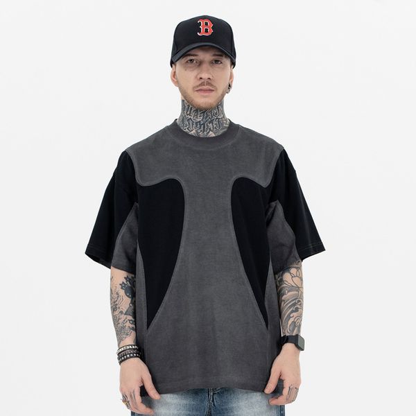 

woman designer tshirts t shirt round sweatshirt woman angle short sleeve Splicing Minimalist distressed embroidery splicing high street short sleeved t shirt, Gray