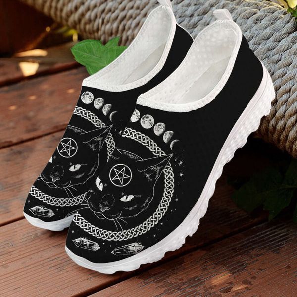 

2023 Summer Woman Loafers Women Mesh Sneakers Flat Casual Shoes Female Slip-on Footwear Cute Black Cat Print Ladies Beach Flats, Htd1797aa