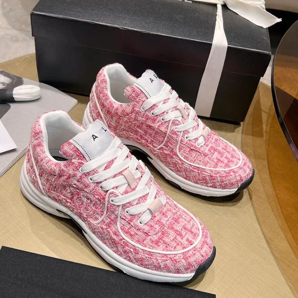 

Hot 24ss Womens Sneakers Dress Shoe Lace-Up Casual Shoe Tweed Printing Platform Outdoor Trainer Sports Hiking Shoe Classic Pink Leisure Shoe With Dust Bags For A Gifts, Clear