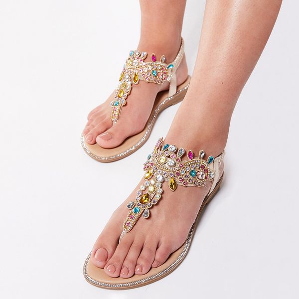 

New sandal color diamond sand sandal round head flat casual sandal, Gold