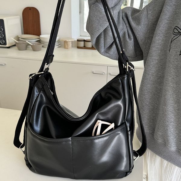 

Soft leather bag women's large capacity three purpose backpack commuting tote bag multifunctional backpack diagonal crossing backpack, Black