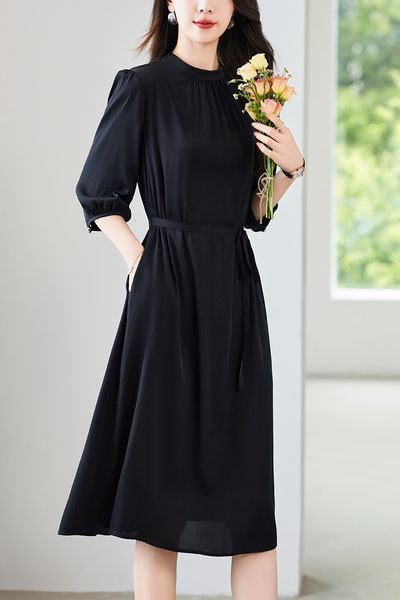 

skirts for women Luxury silk dress with lace up mulberry silk elegant loose fitting dress, Blue