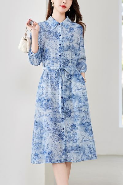 

skirts for women Ink wash style silk lace up dress, mulberry silk light luxury printed shirt collar dress, Blue