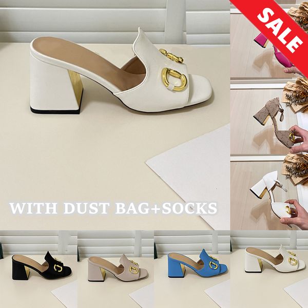 

High Chunky Heels Designer Dress Shoes Sandals For Womens Ladeis Fashion Luxe Claquette Leather Denim Letters sliders famous female Summer Sandale chaussures, Grey