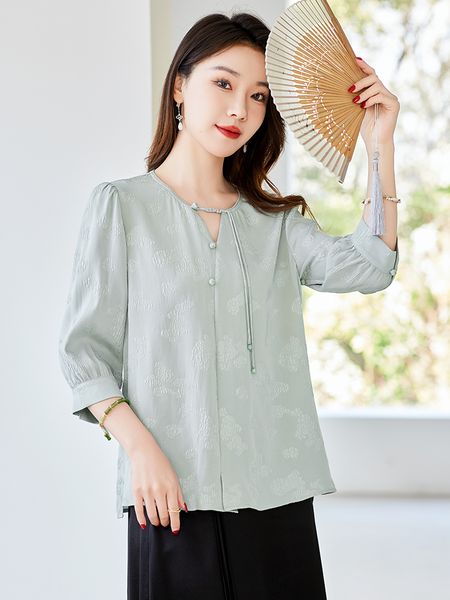 

shirts for women V-neck Chinese style silk shirt with three-dimensional jacquard mulberry silk shirt top, Aqua