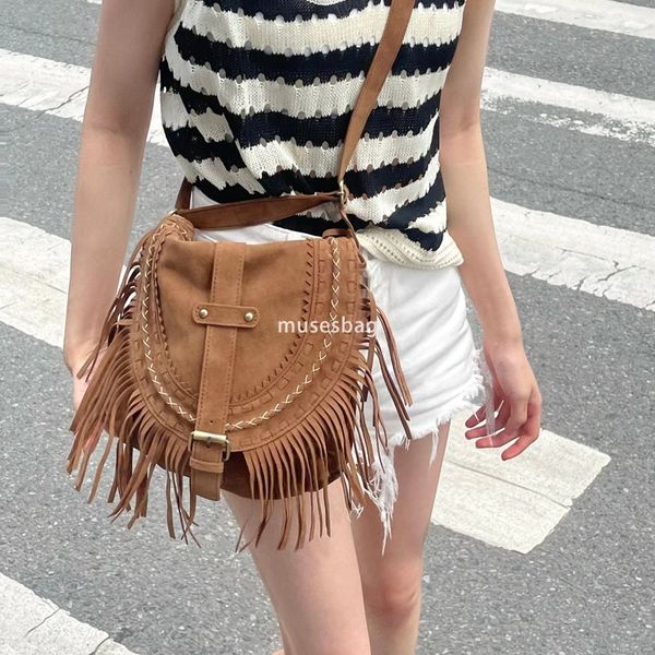 

New high-end soft leather large capacity handmade suede tassel bag for women's saddle bag large capacity single shoulder crossbody bag, Brown