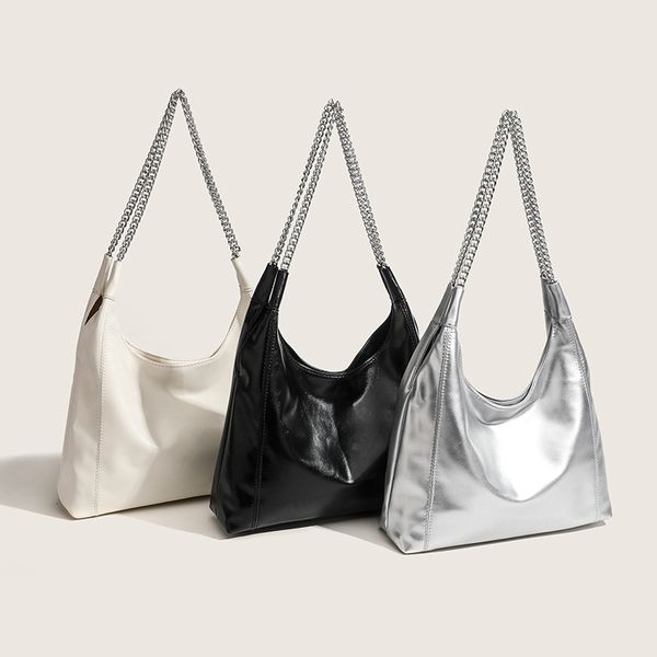 

New urban minimalist chain women's bag with large capacity high-end feel niche backpack casual underarm bag versatile daily soft leather shoulder bag, White