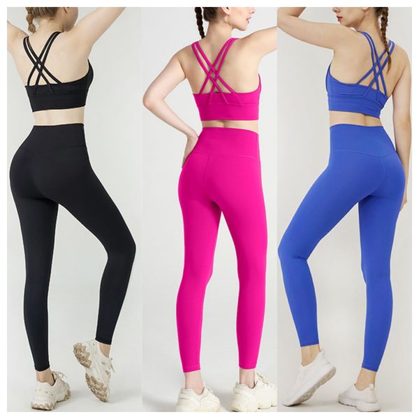 

women leggings two pieces yoga set backcross sport bra fitness tank top high waisted workout tights biker gym leggings breathable quick dry tracksuits activewear, Rose red