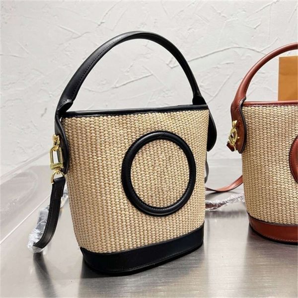 

designer bag Designer Bag Fashion Crochet straw Beach Bucket Luxury Travel Handbag Straw Bags Real Leather Shopping Purse Wallet Totes Shoulder Handbag, Brown 35x30cm