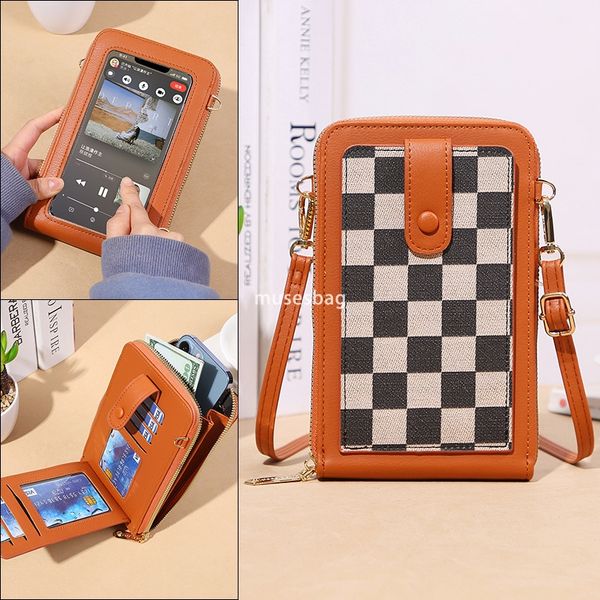 

Fashionable Women High Quality Multi functional Touch Screen Phone Bag Multi functional Large Capacity Printed Wallet Oblique Spanning Multi Card Zero Money Bag, Coffee chessboard