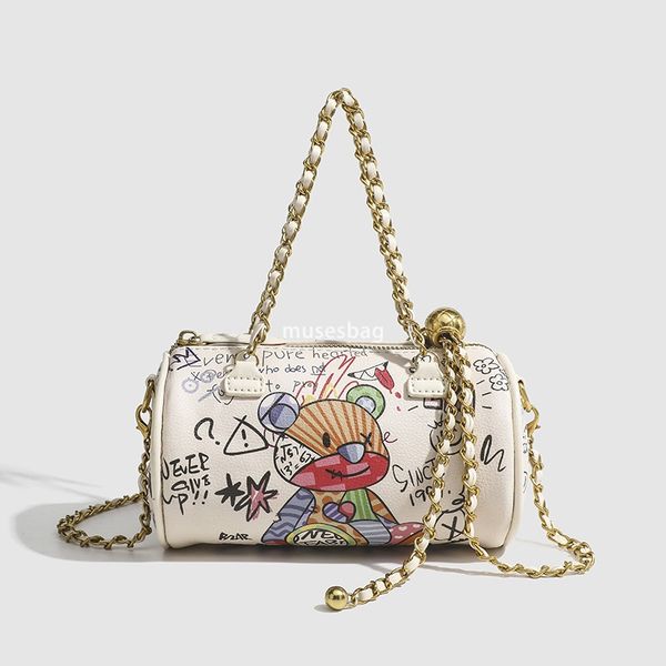 

New daily outfit with street trend original transfer beads playful little bear cylindrical bag new trendy and fashionable crossbody bag for women summer, White