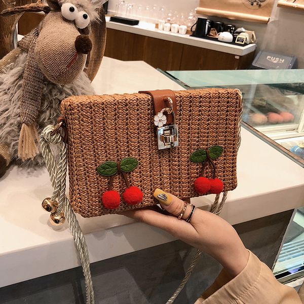 

Western women's handbags 3 colors sweet and lovely cherry hard box mobile phone bag summer straw holiday beach bag daily Joker buckle clutch bag factory outlet, Beige