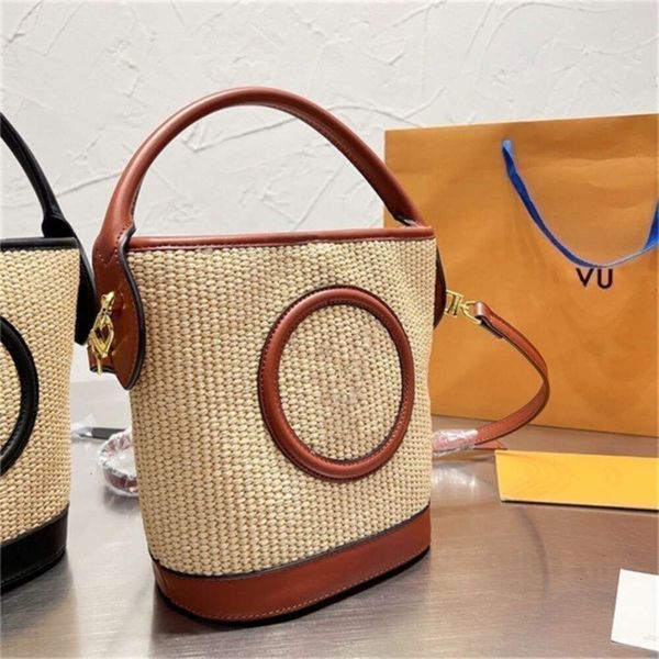 

designer bag Beach Bucket Designer Bag Crochet straw Luxury Travel Handbag Straw Bags plain Real Leather Shopping Purse Wallet Totes Shoulder Handbags T, Black 25x20cm