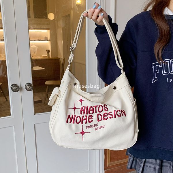 

Designer women high-quality multifunctional canvas bag female college student lazy style large capacity one shoulder crossbody niche letter embroidered tote bag, White