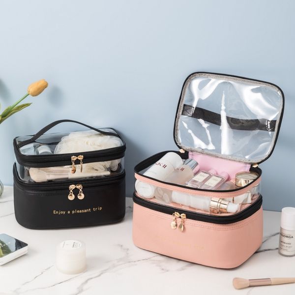 

tote bag designer Double layered makeup bag PU transparent toiletries, fashionable and waterproof, portable and large capacity storage bag for travel, Pink