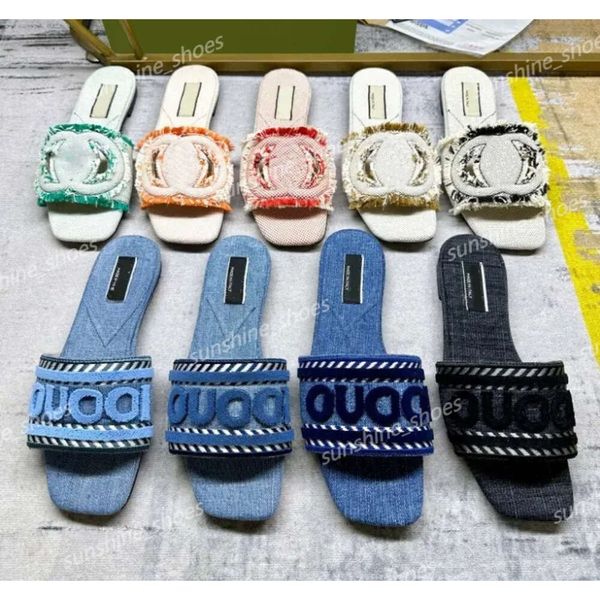 

2024 G Script Slippers Denim Slides Women Sandal Designer Slipper Summer Cotton Print Flats Hollow Out Sandals Canvas Flat Heel Mules, Pink