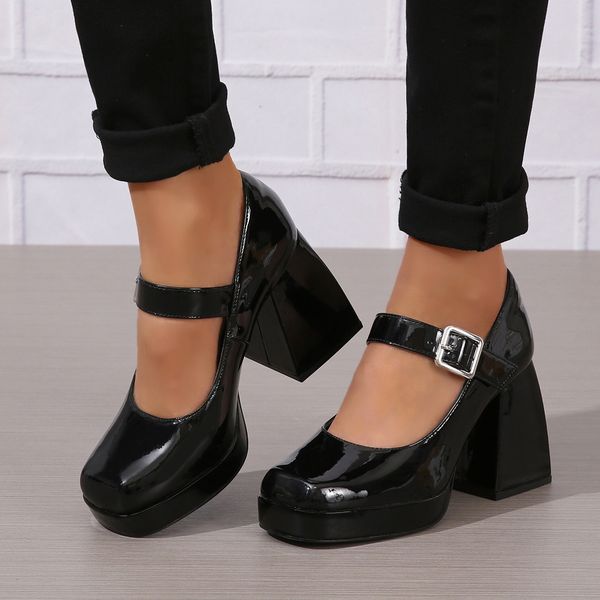 

Chic Black Heeled Women's Shoes Featuring Square Cap and Buckled Design