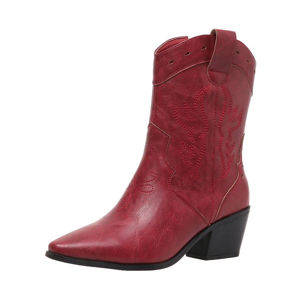 

women's shoes Autumn and winter new stock large embroidered low cut women's boots,Designer shoes European and American leather boots, Red