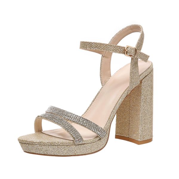 

New shoes European and American spot round toe fashionable foreign trade large heeled Designer shoes women's shoes with diamond inlaid buckle women's sandals Gold