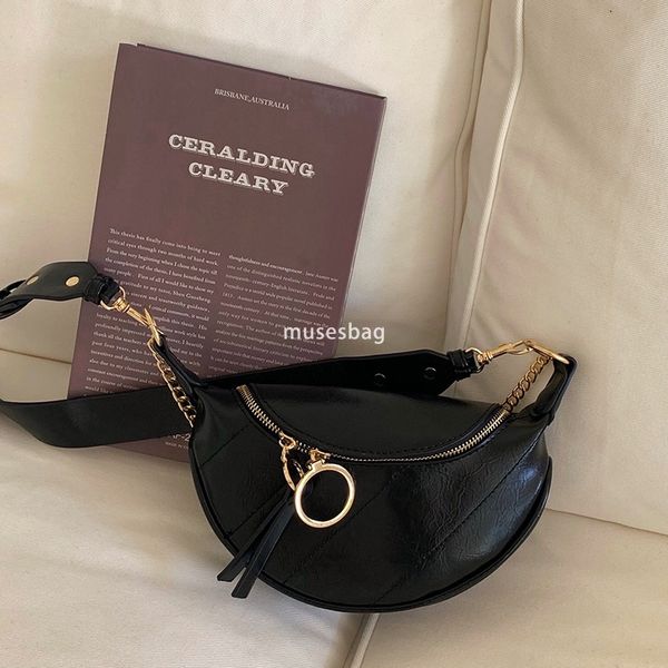 

Street trend soft leather material niche design new daily waist bag women's Instagram trendy chest bag single shoulder crossbody fashion casual chain small bag, Black