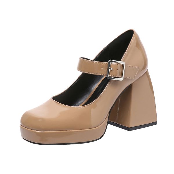 

New shoes Fashionable European and Designer shoes American Large Heel Square Head Buckle Women's Fashion Shoes brown