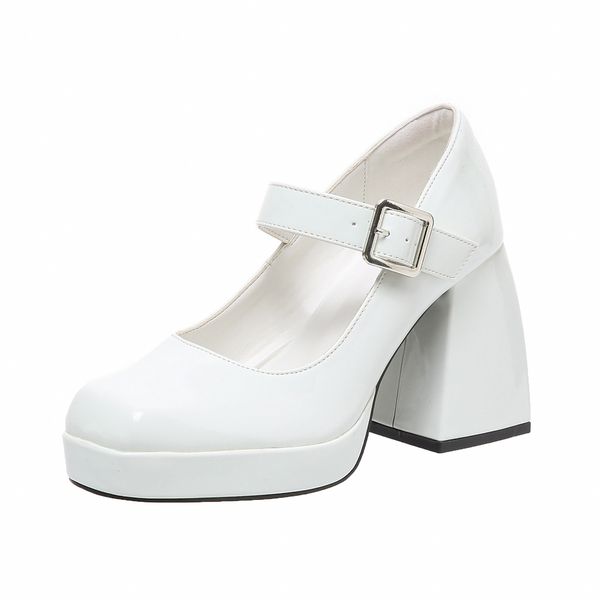 

New shoes Fashionable European and Designer shoes American Large Heel Square Head Buckle Women's Fashion Shoes, White