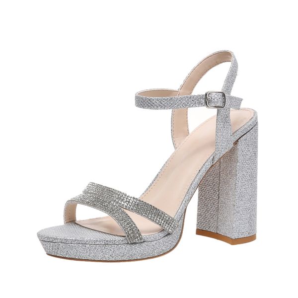 

New shoes European and American spot round toe fashionable foreign trade large heeled Designer shoes women's shoes with diamond inlaid buckle women's sandals Silver