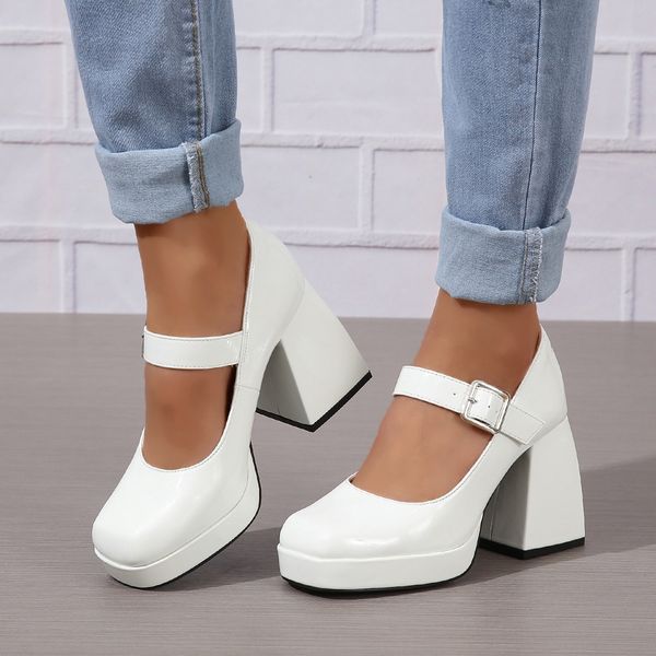 

Trendy American Fashion High Heel Sneakers for Ladies - Contemporary Square Cutout Style with Secure Buckling Closure, White