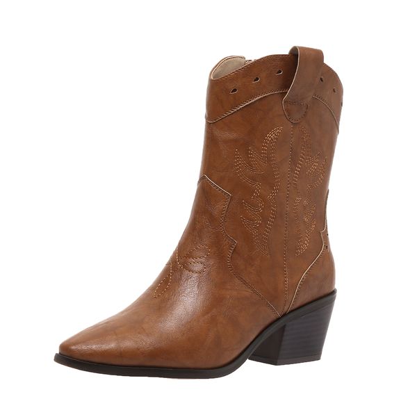 

women's shoes Autumn and winter new stock large embroidered low cut women's boots,Designer shoes European and American leather boots brown