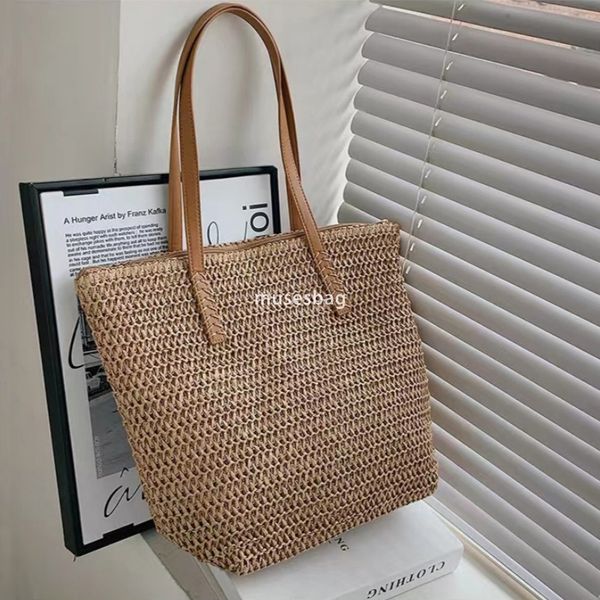 

High quality women designer minimalist retro single shoulder large capacity summer versatile practical straw bag woven bag seaside vacation rattan woven bag, Beige