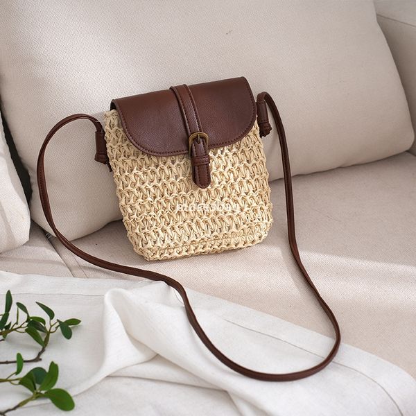 

Designer Women's High Quality Retro Simple Large Capacity Imitation Vine Woven Bag Diagonal Straddle Bag Fashionable Lid Buckle Single Shoulder Grass Woven Bag, Khaki