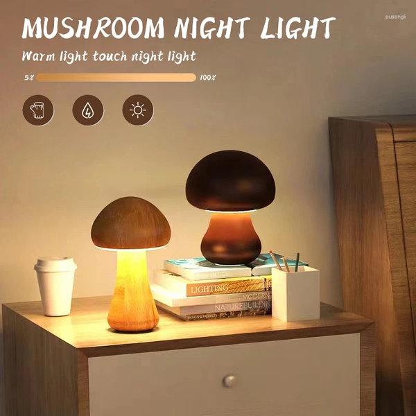 

Lamps Table Cute Wooden Mushroom LED Night Light Bedside Lamp With Touch Switch Room Decor High-level Environmental