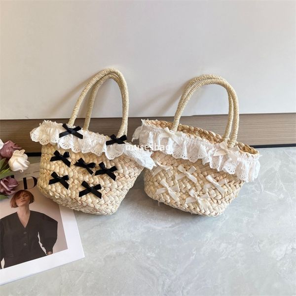 

Designer Women High Quality Elegant and Lace Lace Korean Edition Instagram Beach Travel Leisure Grass Woven Bag with Sweet Bow Knot Handheld Bag Tide, Black