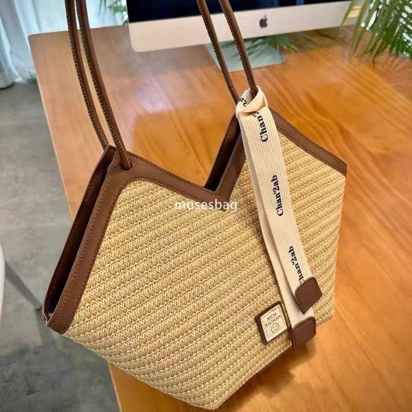 

Fashionable women designer classic lazy casual woven straw bag with large capacity spring beach shoulder bag beach vacation commuting tote bag, Khaki