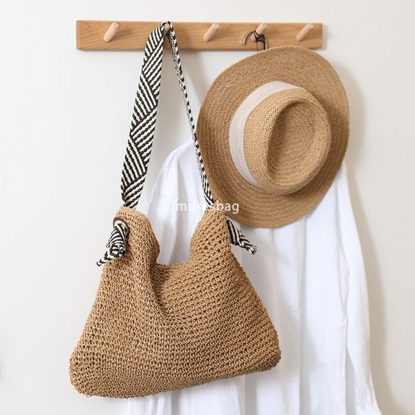 

Designer Women's High Quality Retro Large Capacity Korean Wind Instagram Navy Wind Straw Woven Bag Handmade One Shoulder Practical Versatile Vacation Beach Bag, Coffee