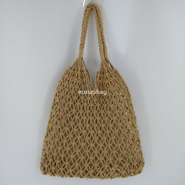 

High quality women's designer large capacity one shoulder portable leisure hollowed out travel vacation chic style cotton thread handmade woven bag beach bag, Camel