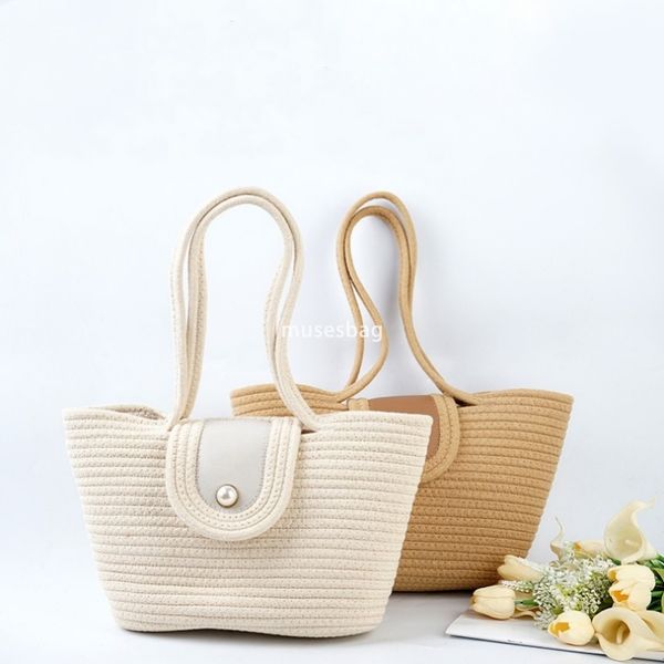 

High Quality Women Designer Classic and Practical Large Capacity Cotton Rope Bag Retro Handheld Vegetable Basket Bag New Island Photo Beach One Shoulder Tote Bag, Beige