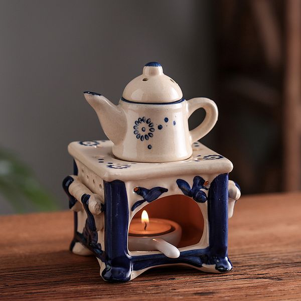 Vintage Tea Warmer Incense Burner Ceramic Aroma Diffuser Essential Oil Lamp Optional Candle Holder for Home Decor Stove