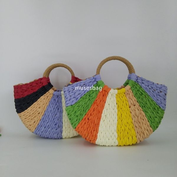 

Designer Ms High Quality Casual Practical Round Bucket Fashion Simple and Versatile Atmosphere Lightweight Handheld Woven Paper Rope Retro Moon Bag Grass Woven Bag, Red