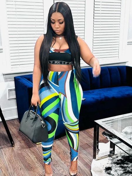 

STYLISH LADY Contrast Color Letter Printed Sports 2 Piece Set Women Sleeveless Crop Top and Skinny Pant Suits 2024 Summer Sexy Club Party Fitness Tracksuits, Green