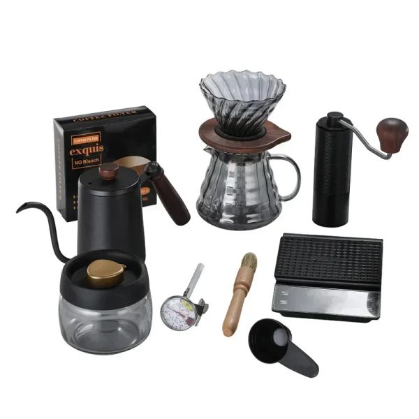 Smoke Grey 600MLV-funnel Hand Rinsed Coffee Pot Set Hand Grinder Coffee Machine Hand Shake Household Small Coffee Bean Grinder