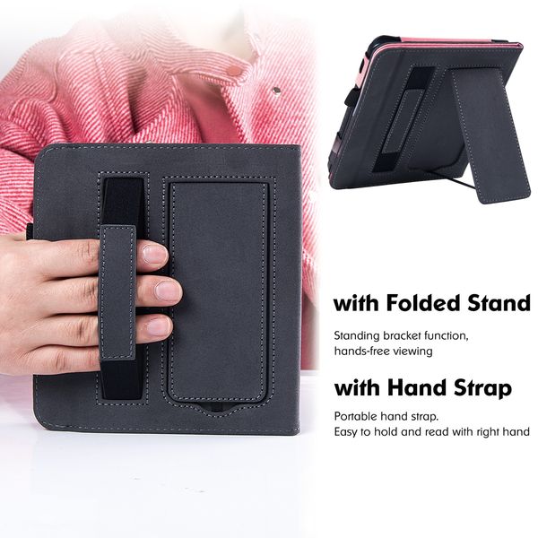 Stand case for kobo libra 2 n418 ereader premium pu leather protective cover with hand strap auto sleep wake