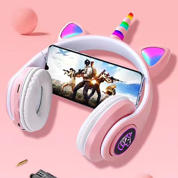 

Cute Unicorn Bluetooth Headphones For Children Cat Ear Flash Glowing Gaming Headset With Microphone Stereo Earphones Kids Gifts, Black