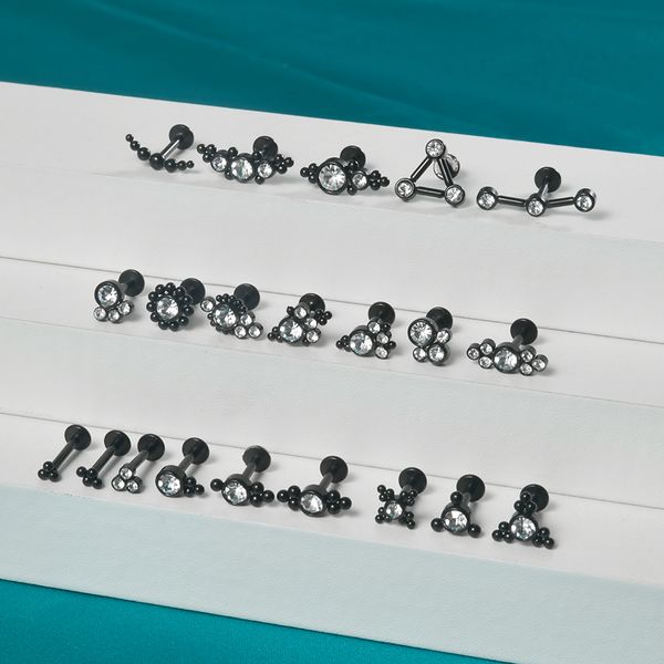 1PC Surgical Steel Black Plated Labret Crystal Cluster Helix Tragus Cartilage Flat Base Ear Studs Piercing Jewelry 16G